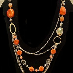 Coral, topaz, gunmetal beads on gold chains, multi layered necklace, like new
